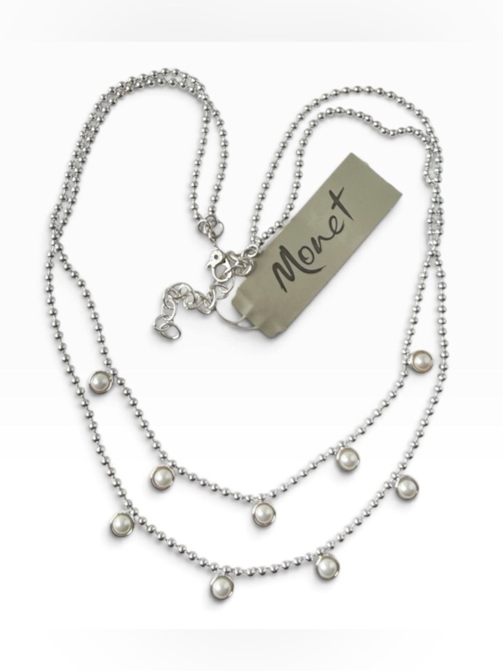 Vintage Monet Faux Pearl Silvertone Double Ball Bead Chain Collar Necklace